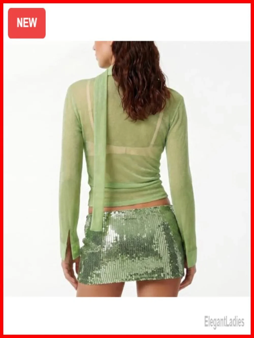 Sheer Mesh Glitter Button Down Shirt Y2K Long Sleeve Blouse with Scarf See